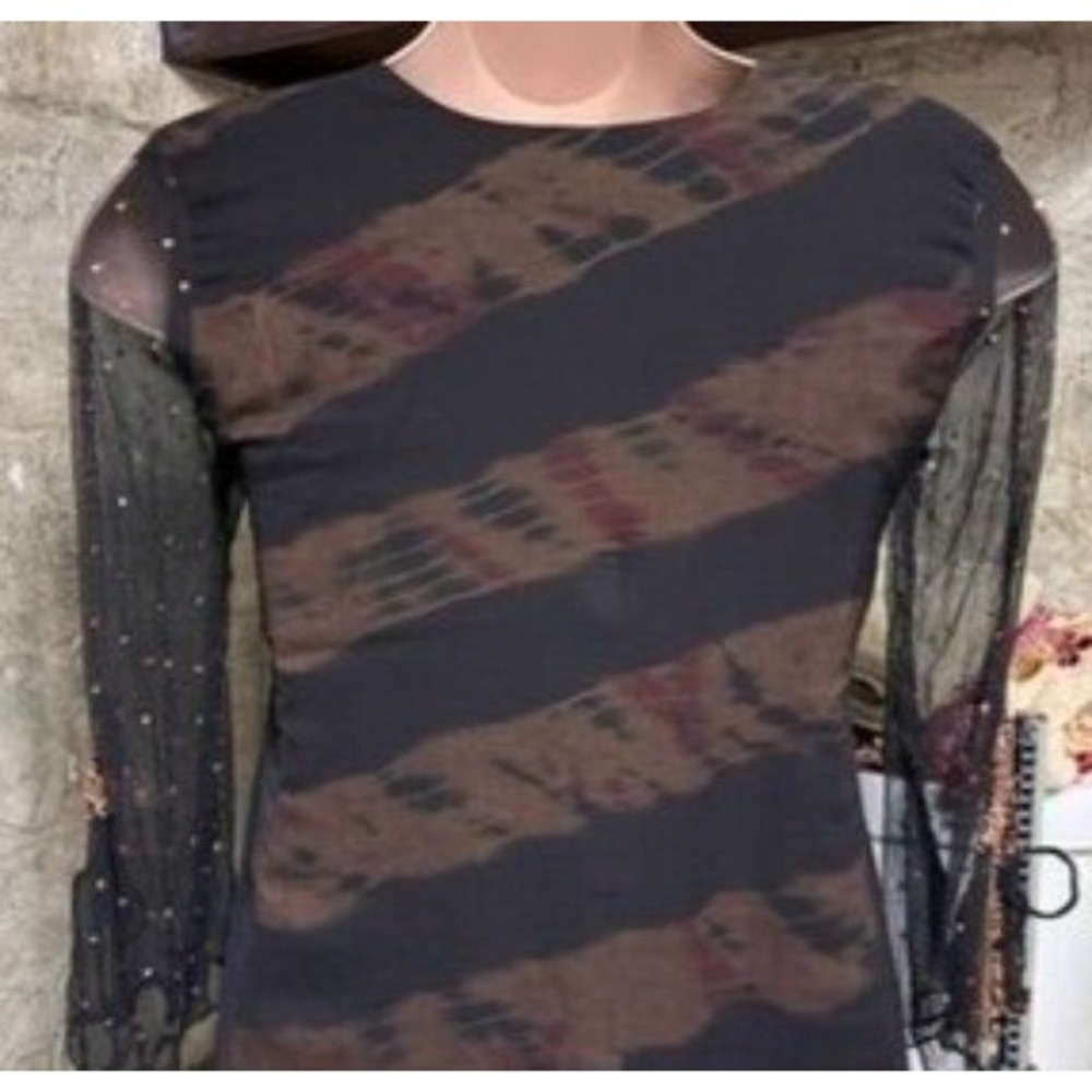 Vtg Beaded Sequined Sheer‎ Tunic Top XL Black Split Tie Sleeves Dark Whimsygoth - Picture 4 of 15